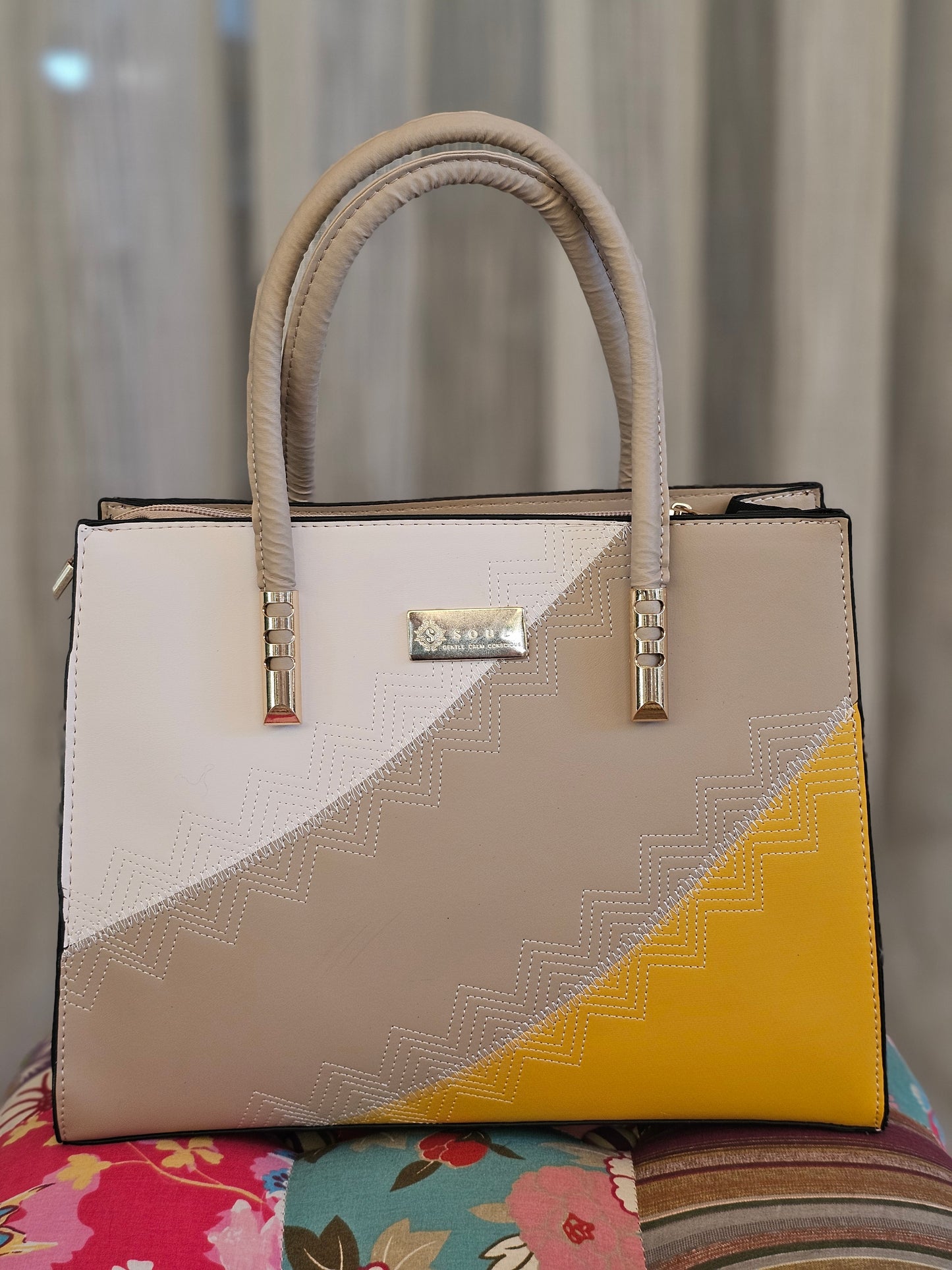 Soul Γυναικεία Τσάντα Rational Μπεζ με Λευκό και Κίτρινο 231108