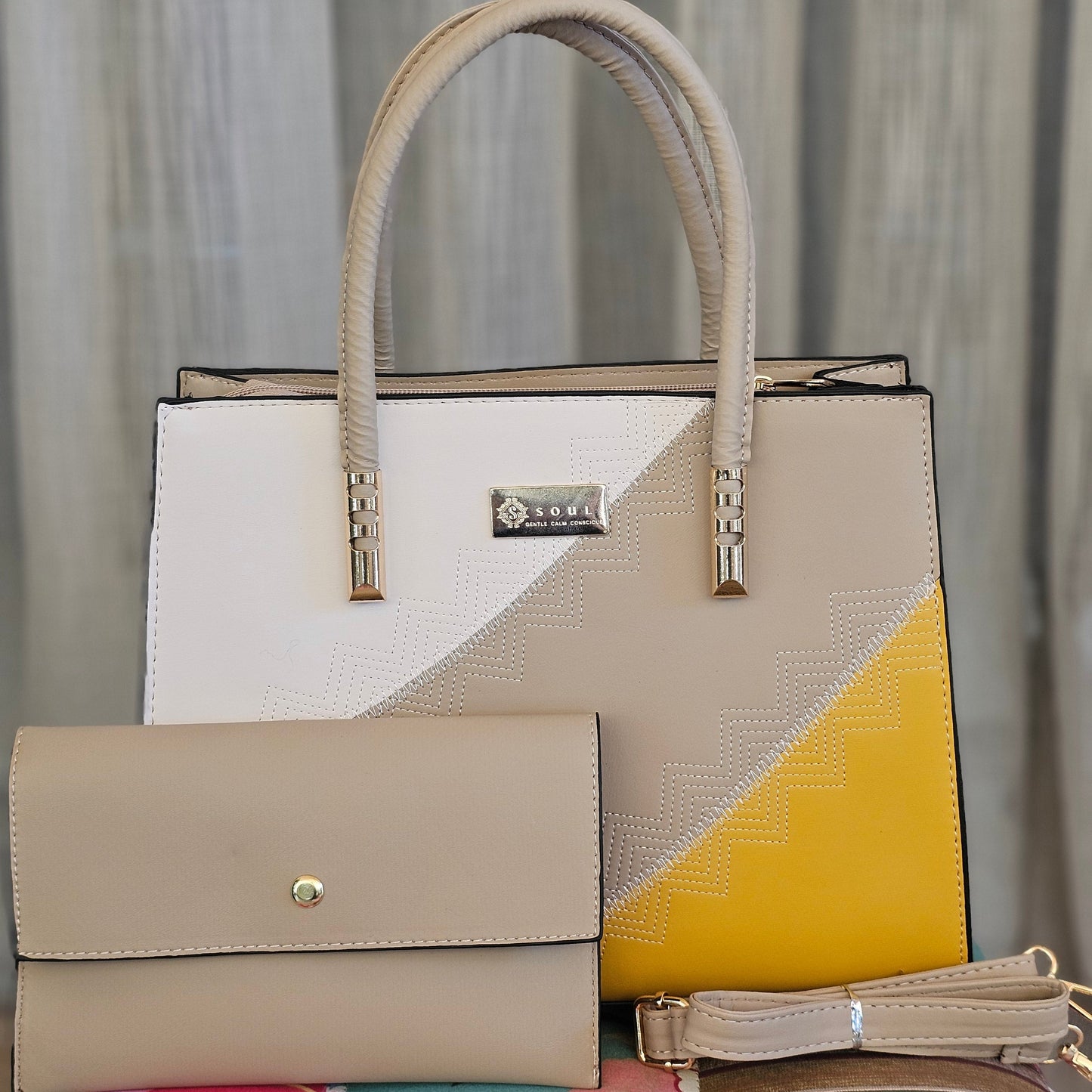 Soul Γυναικεία Τσάντα Rational Μπεζ με Λευκό και Κίτρινο 231108